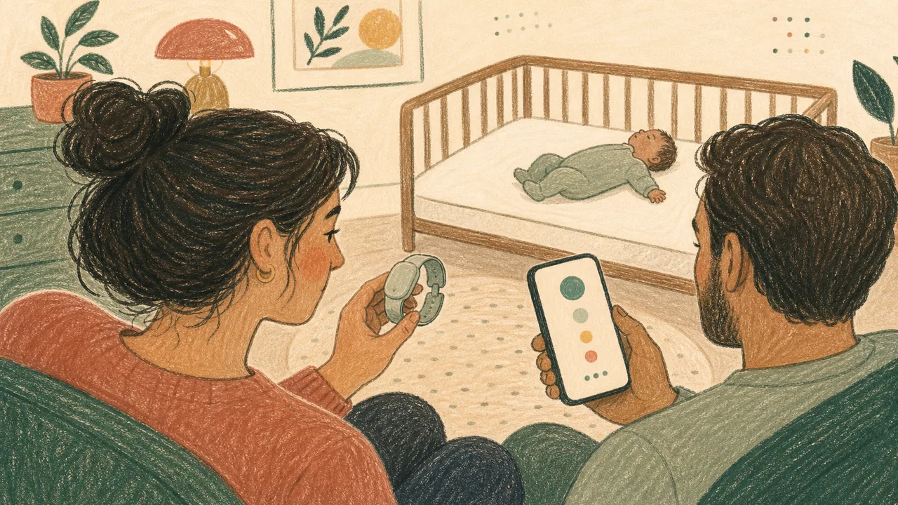 Editorial illustration of caregivers comparing a generic infant ankle wearable with abstract phone readings beside a safe crib