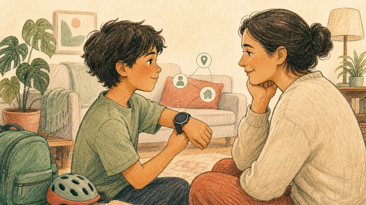 Editorial illustration of an older child and caregiver discussing a generic smartwatch and limited connection features