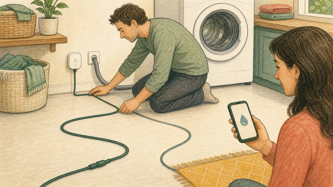 Editorial illustration representing Eve Water Guard decision context with a generic plug-in leak sensor and long sensing cable