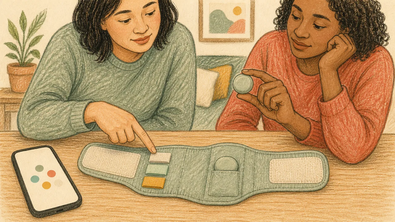 Editorial illustration of two caregivers comparing a generic open fabric ankle wrap and its removable sensor