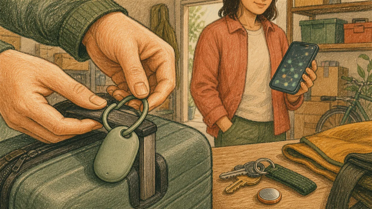 Editorial illustration representing Samsung Galaxy SmartTag2 decision context with a generic elongated loop tracker on luggage